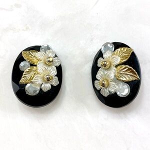 Vintage Black Oval Floral Clip-On Earrings with Gold Leaves and Pearl Accents